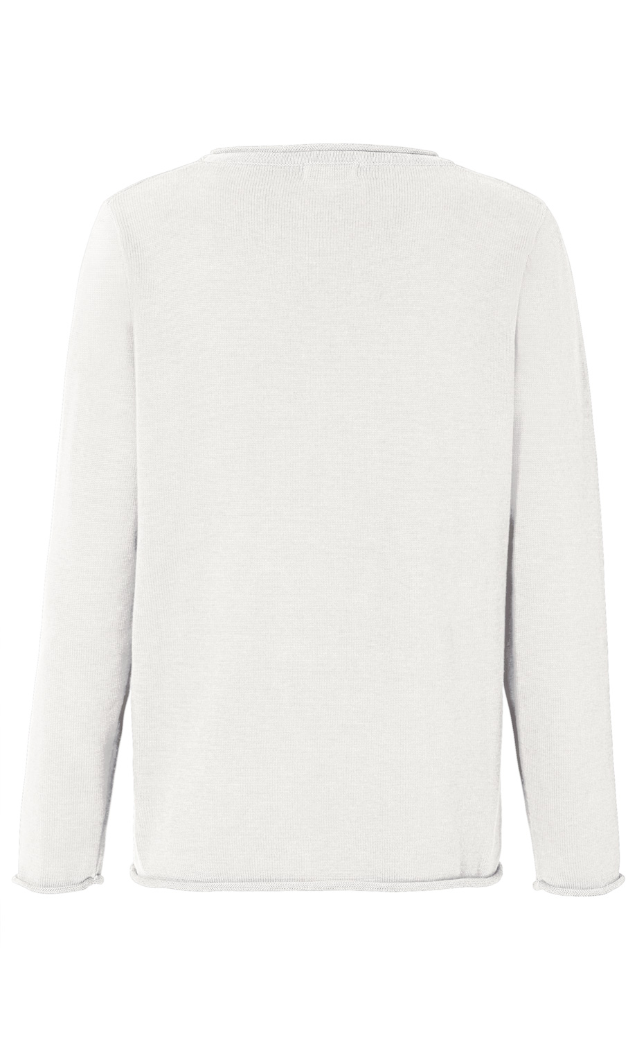 Baumwoll-Pullover in Weiß, Rückansicht, langärmlig, schlichtes Design, gerader Saum, feine Strickstruktur, leichte Rollkante an Ärmeln und Saum, klassischer Rundhalsausschnitt, knitterfrei