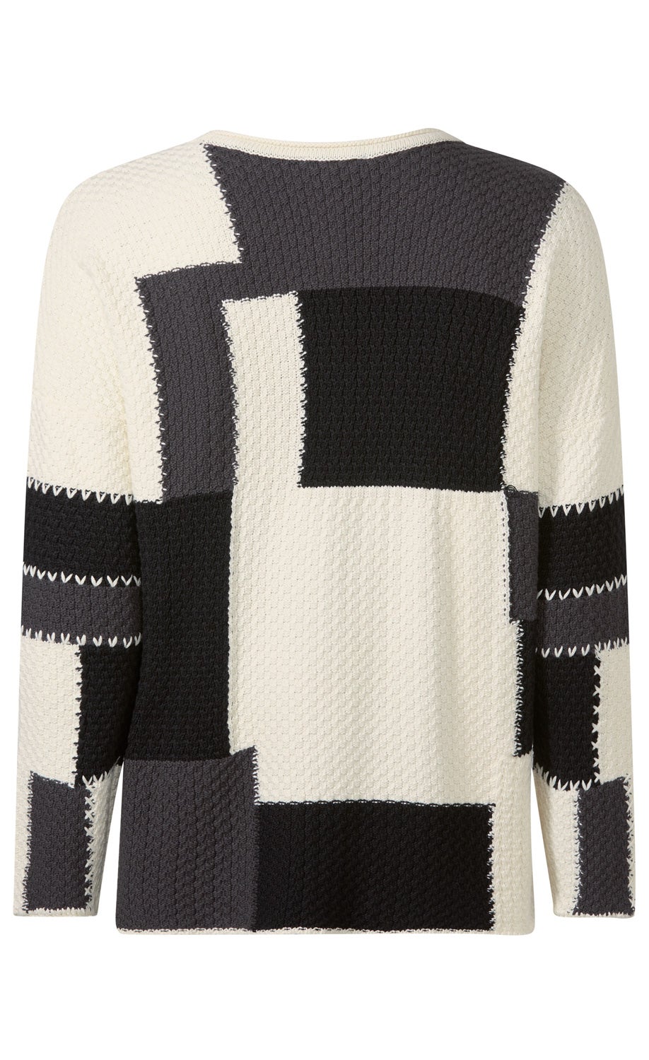Baumwoll-Pullover in Grobstrick mit geometrischem Muster aus schwarzen, dunkelgrauen und weißen Rechtecken, Rundhalsausschnitt, lange Ärmel, gerade Passform, Vorderseite nicht sichtbar.