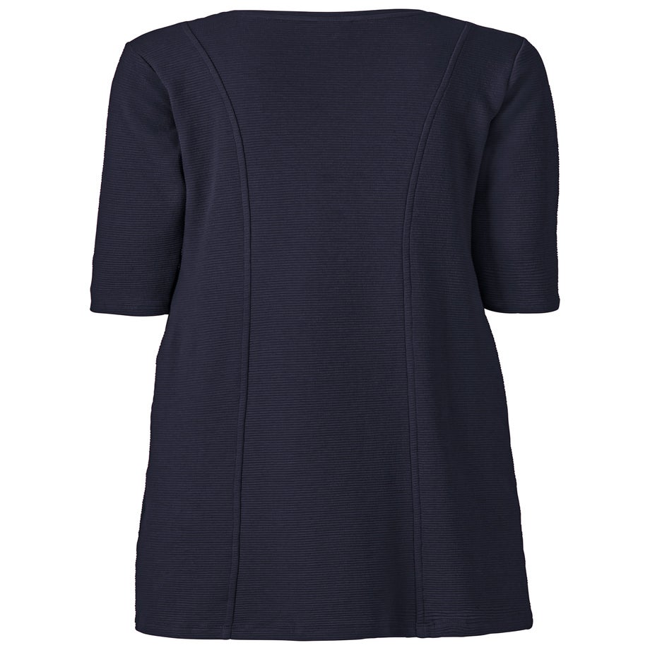 Baumwoll-Kleid in Dunkelblau, Rückenansicht, strukturiertes Rippmuster, 3/4-lange Ärmel, knieumspielende Länge, gerade geschnittenes Design ohne Verzierungen oder Muster