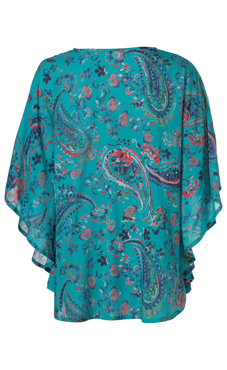 türkise Modal-Bluse mit weitem Schnitt, kurzem, weitem Ärmel, paisley- und floralem Muster in Rot, Blau und Grün, leichte transparente Stoffqualität, Rückansicht