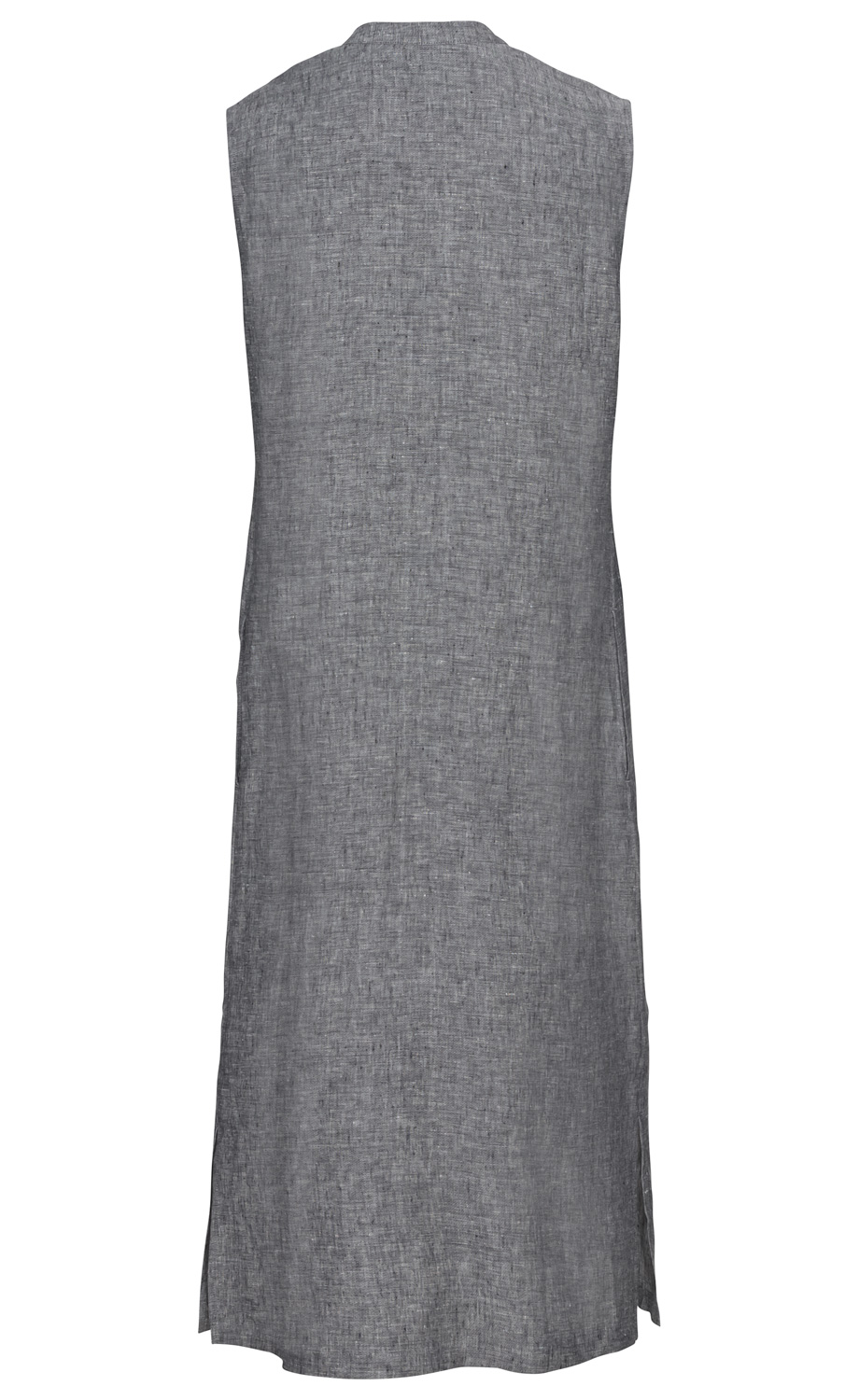 graues, ärmelloses Leinen-Kleid in Midi-Länge, Rückenansicht, gerader Schnitt, leichter Stoff mit Struktur, seitliche Schlitze am Saum, einfacher Kragen