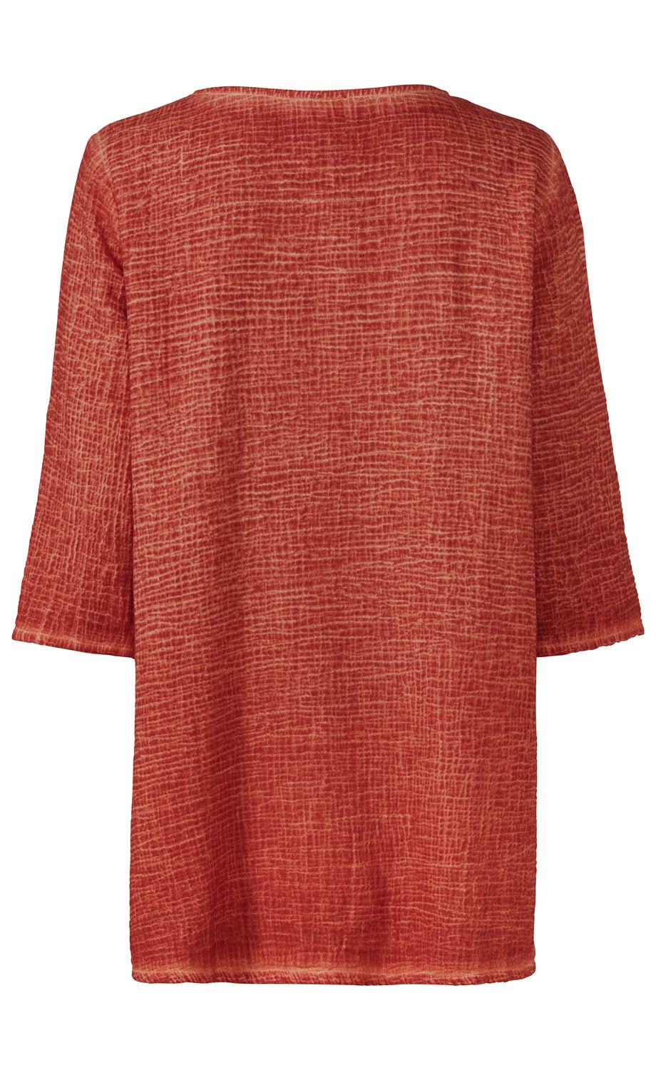 Rückansicht einer roten Baumwoll-Bluse mit halbnahen Ärmeln, strukturiertem, leicht gemustertem Stoff, locker geschnitten, ohne sichtbare Knöpfe oder Verzierungen, minimalistisches Design