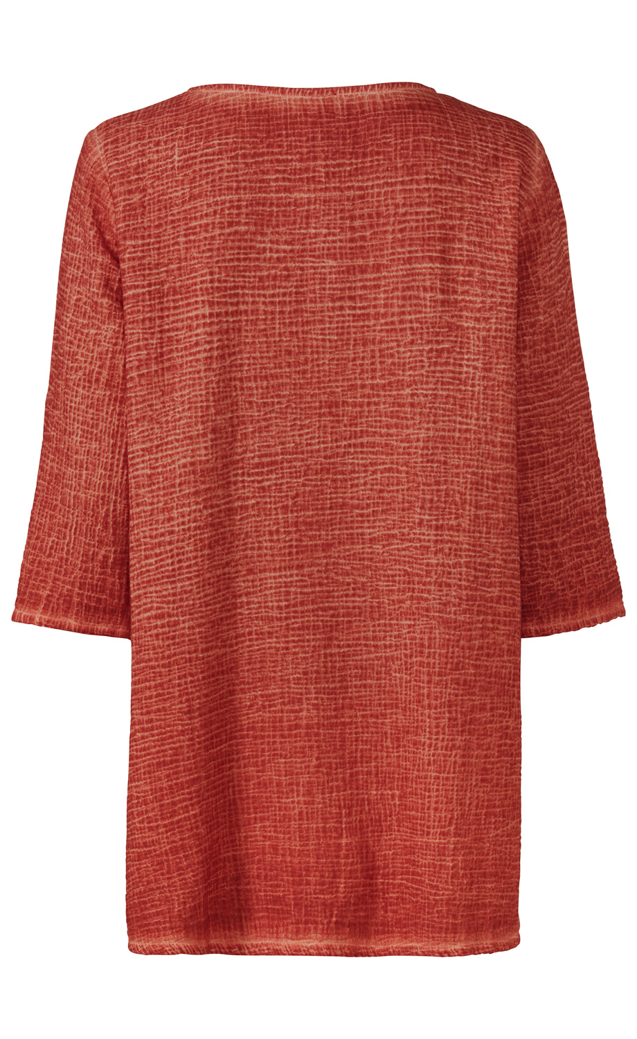 Rückansicht einer roten Baumwoll-Bluse mit halbnahen Ärmeln, strukturiertem, leicht gemustertem Stoff, locker geschnitten, ohne sichtbare Knöpfe oder Verzierungen, minimalistisches Design
