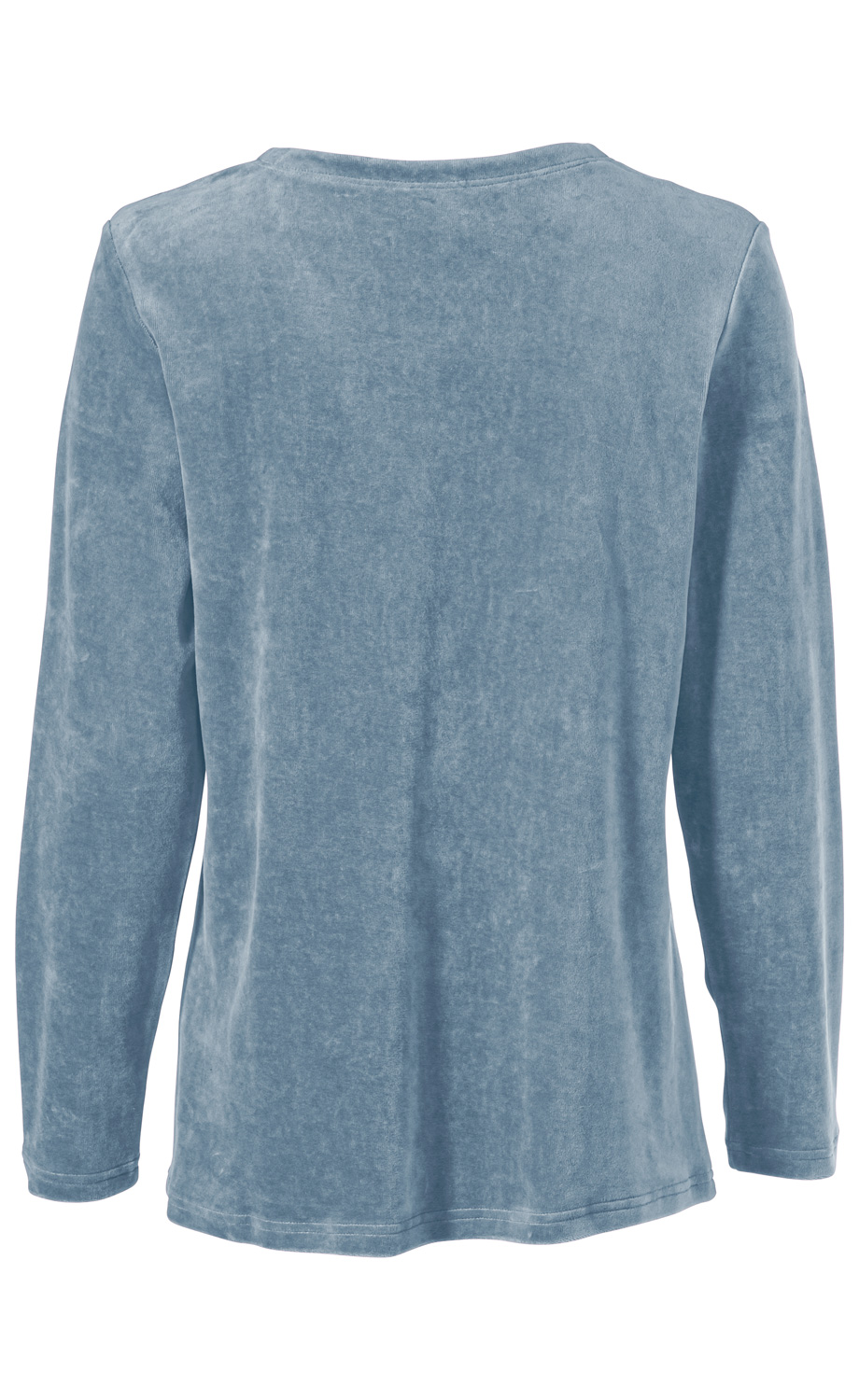 Rückansicht eines hellblauen, langärmligen, unifarbenen Shirts aus weich wirkendem Stoff mit Rundhalsausschnitt und geradem Saum