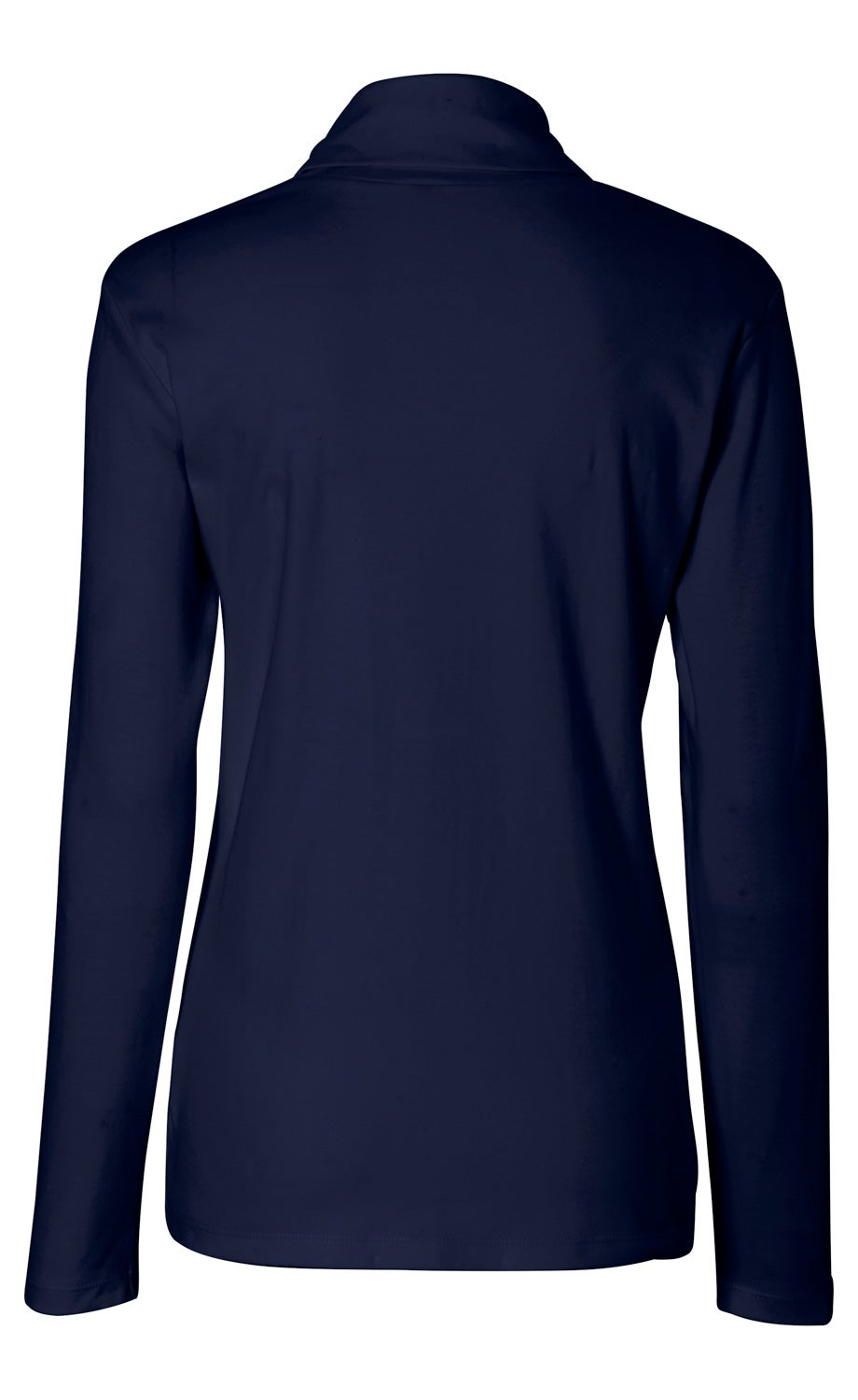 Dunkelblaues Baumwoll-Shirt für Damen mit langen Ärmeln und Rollkragen, Rückansicht, einfache und glatte Stoffstruktur