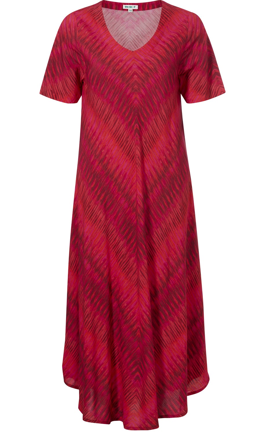 Rotes Viskose-Kleid mit V-Ausschnitt, kurzen Ärmeln und wellenförmigem, dunklerem Farbverlauf, leicht ausgestellter, knielanger Schnitt