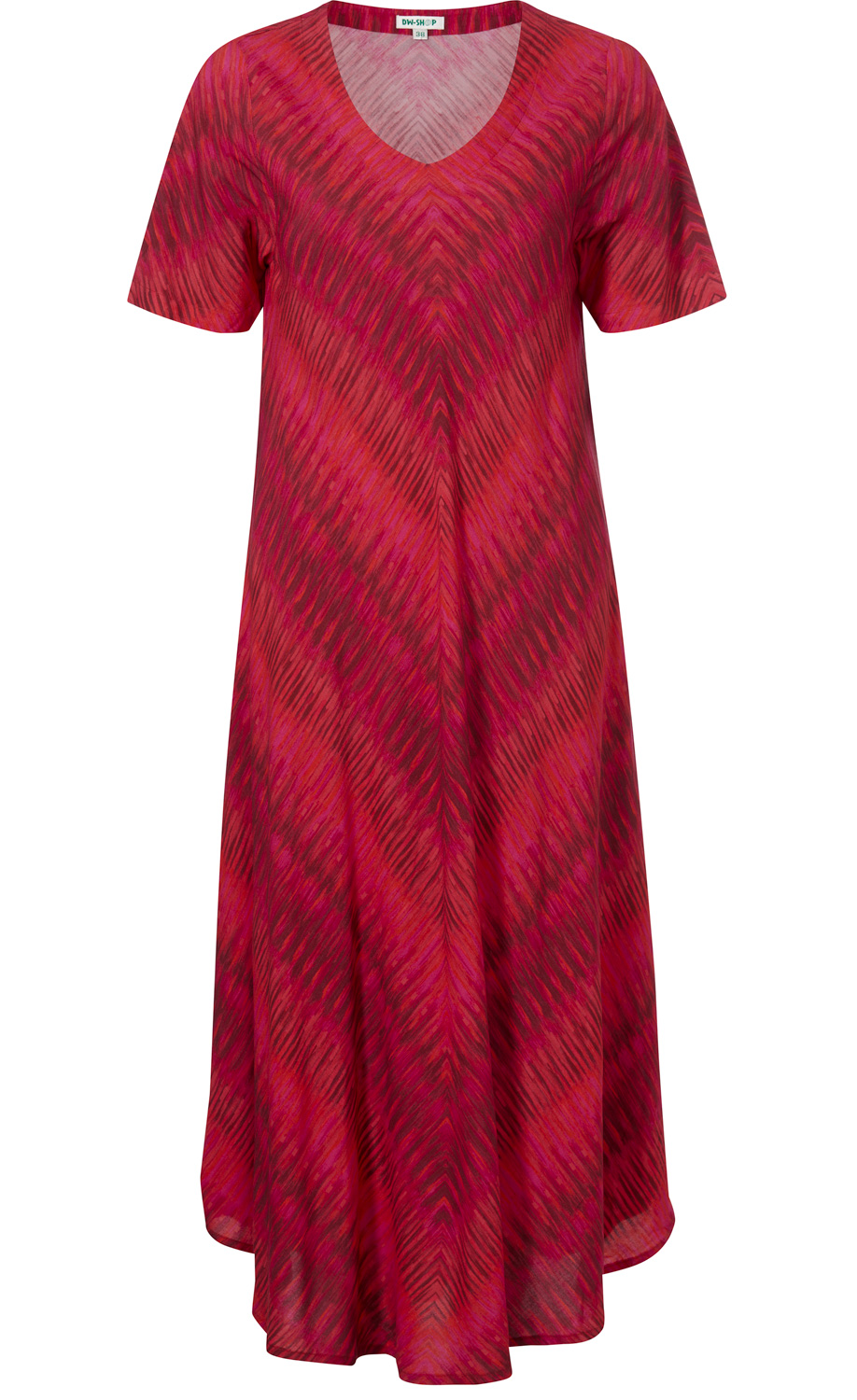 Rotes Viskose-Kleid mit V-Ausschnitt, kurzen Ärmeln und wellenförmigem, dunklerem Farbverlauf, leicht ausgestellter, knielanger Schnitt