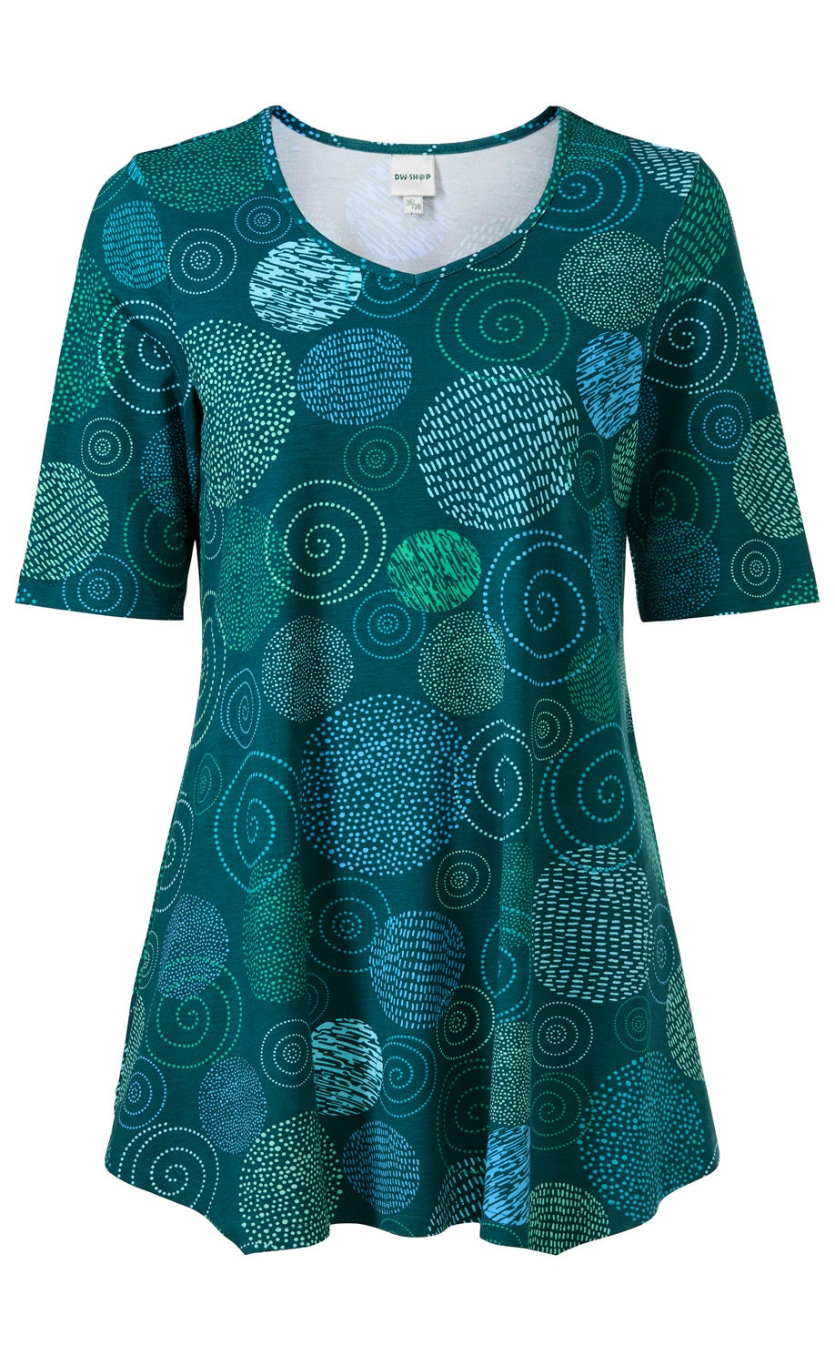 Viskose-Mix-Shirt in Dunkelgrün mit kurzärmeligem, lockerem Schnitt, V-Ausschnitt, bedruckt mit abstrakten Kreisen und Spiralen in verschiedenen Blautönen und Grüntönen.