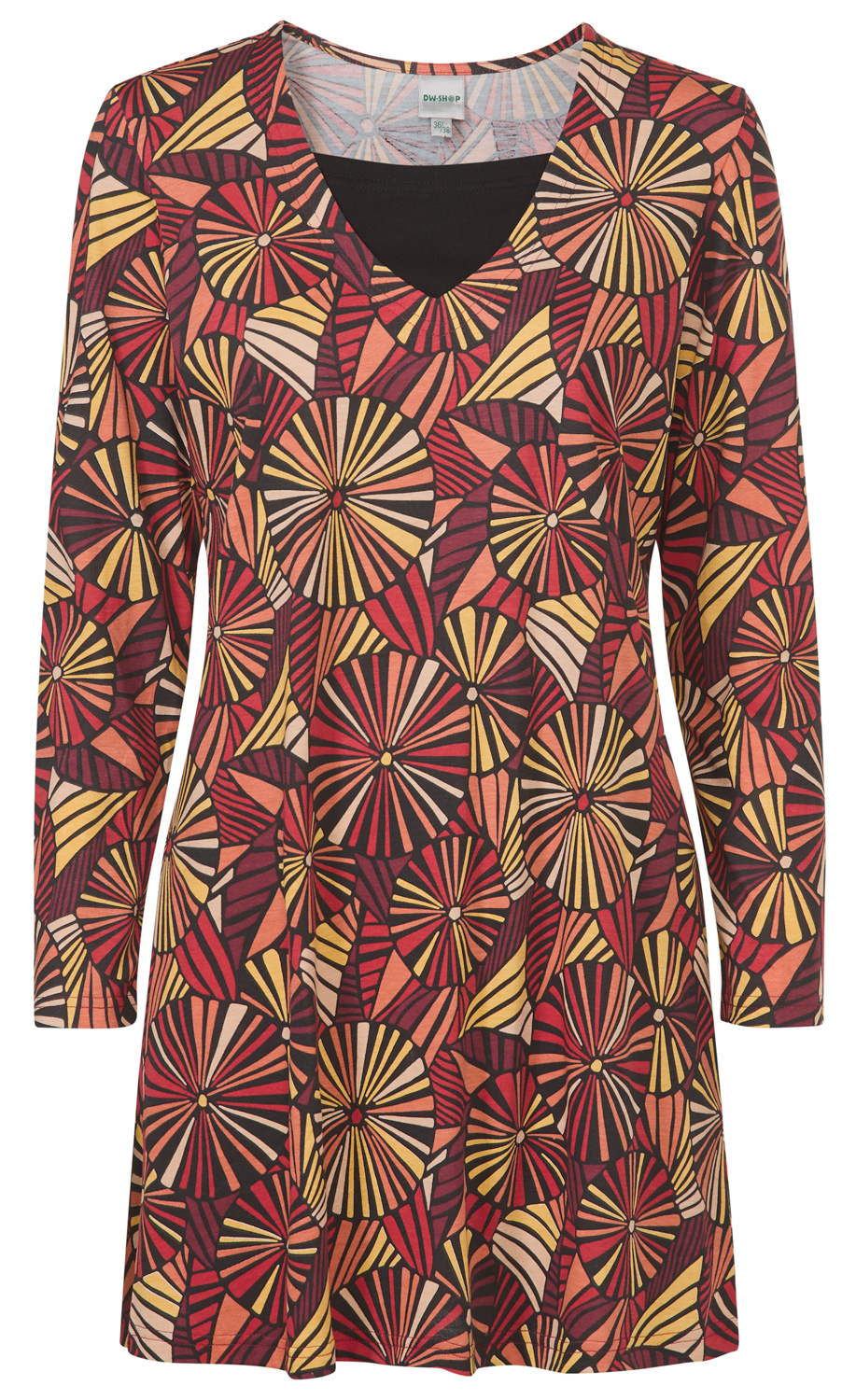 Baumwoll-Mix-Shirt mit V-Ausschnitt, langärmlig, ausgestellter Schnitt, abstraktes Muster in Rot-, Orange-, Gelb- und Beigetönen