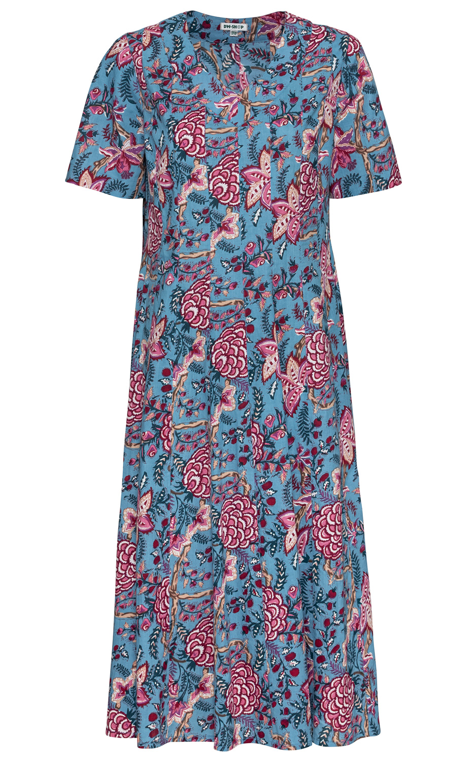 Blaues Baumwollkleid mit kurzen Ärmeln und lockerem Schnitt, verziert mit großflächigem floralem Muster in Pink, Rot und Beige, V-Ausschnitt und Knopfleiste vorne, knielang