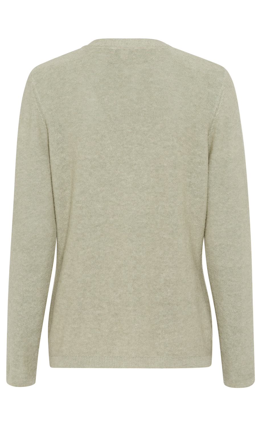 Rückansicht einer hellbeigen Lyocell-Mix-Strickjacke mit langem Arm, geradem Saum und feiner Maschenstruktur