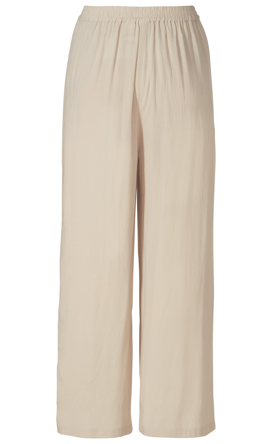Beige weite Viskose-Hose mit elastischem Bund, leicht strukturierte Oberfläche, lange Beinlänge, legere Passform, ohne sichtbare Taschen oder Verzierungen, schlichtes und elegantes Design.