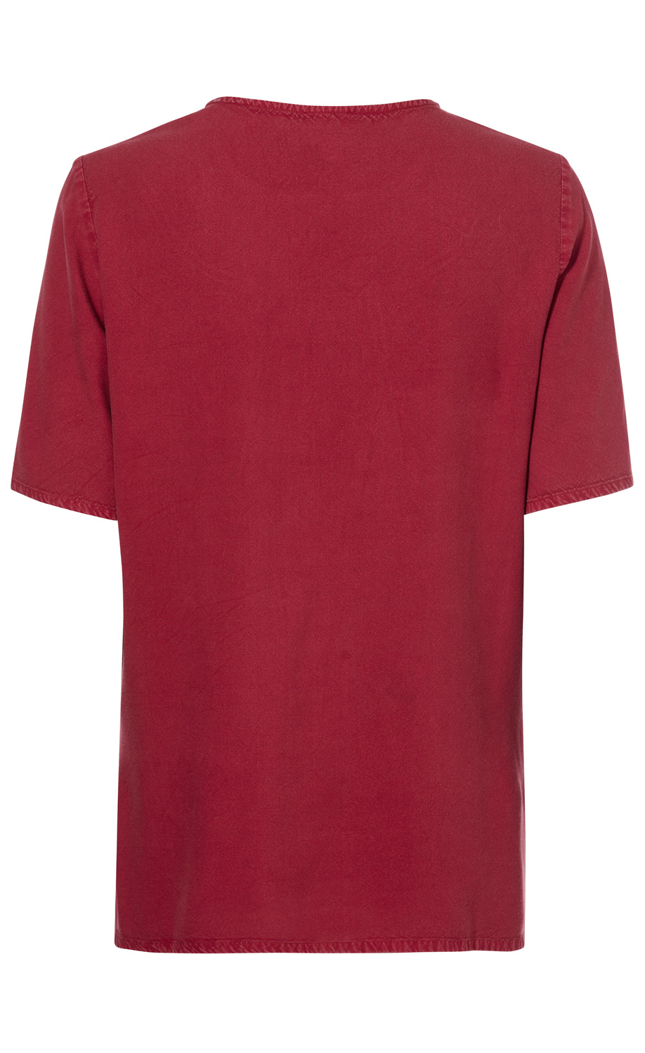 rote Viskose-Bluse, kurzärmlig, schlichte Rückansicht, runder Halsausschnitt, locker geschnitten, glatte Oberfläche, unifarben, keine Muster oder Verzierungen sichtbar, bequemes, leichtes Material