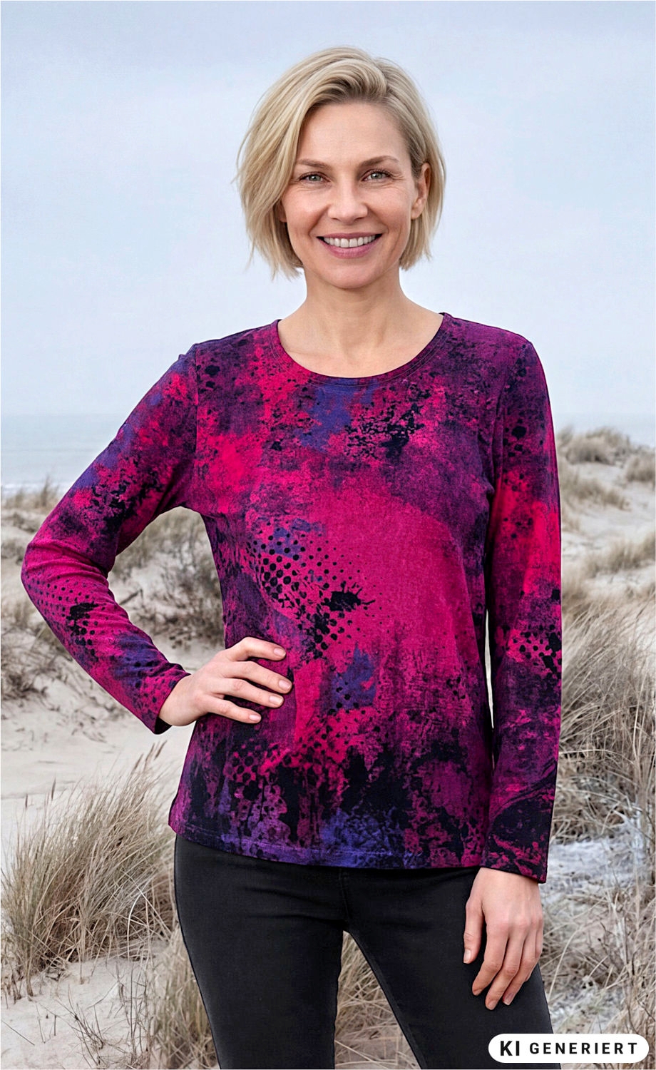 Frau mit blondem Bobhaar trägt langärmliges Baumwoll-Shirt in abstraktem Muster aus Pink, Violett und Schwarz, steht am Strand mit Dünen und Gras im Hintergrund, lächelt und hat eine Hand in die Hüfte gestützt.