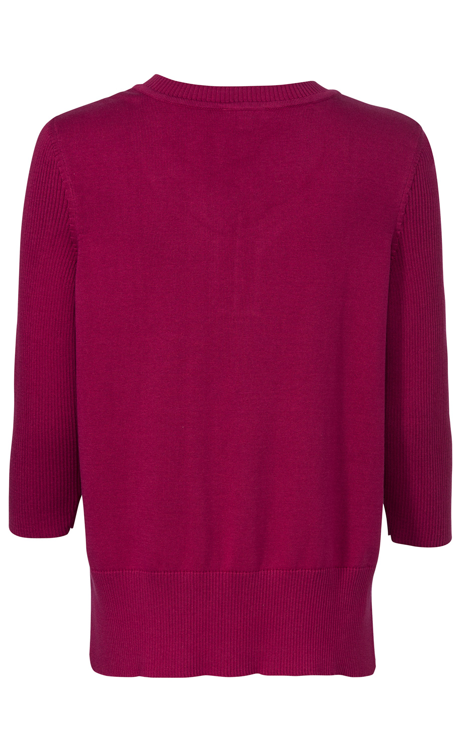 Rückenansicht eines roten Baumwoll-Mix-Pullovers mit rundem Ausschnitt, 3/4-langen Ärmeln und gerippten Bündchen an Ärmeln und Saum.