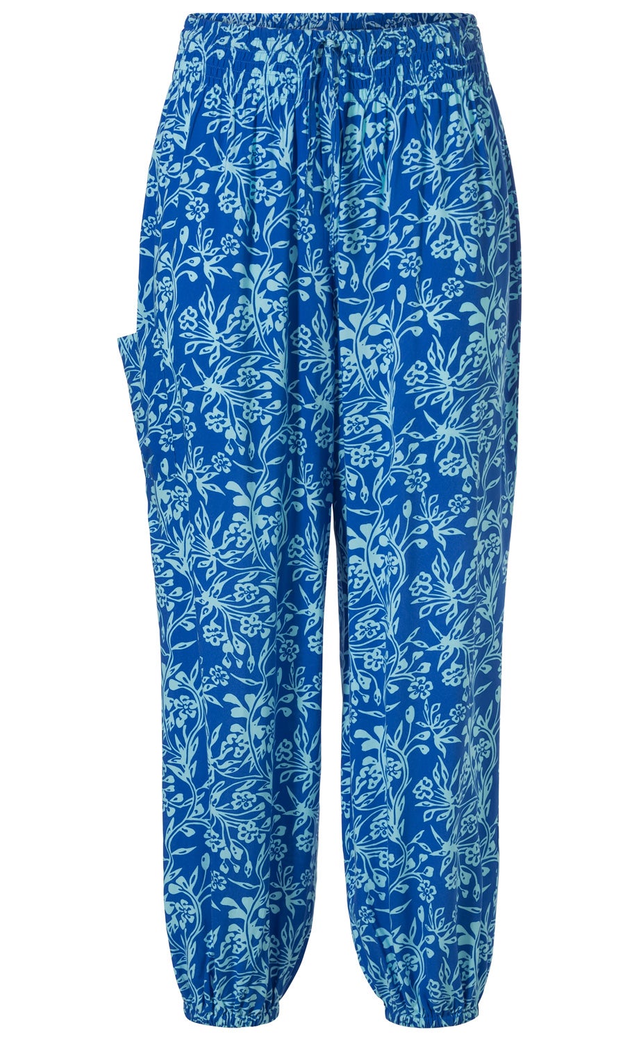 blaue Viskose-Hose mit elastischem Bund und Beinabschlüssen, hellblaues florales Muster, lockere Passform, eine seitliche Tasche sichtbar, leichte Sommerhose