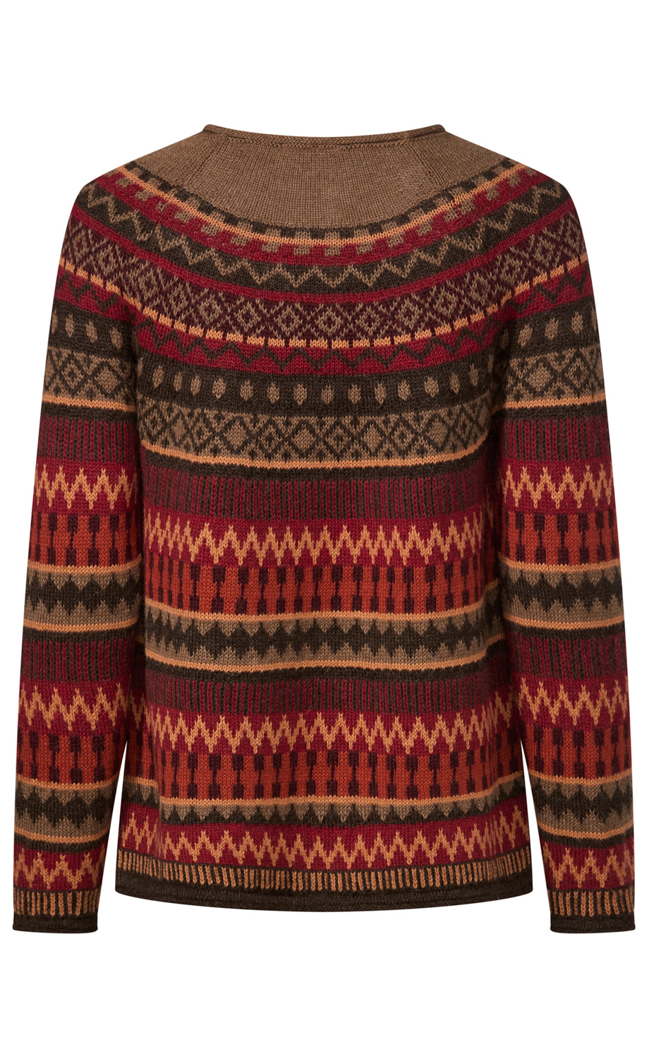 Strickpullover Rückansicht mit rundem Halsausschnitt, traditionellen norwegischen Mustern in Braun-, Rot- und Orangetönen, langärmlig, grob gestrickt, warm und gemütlich, weich und vielseitig.