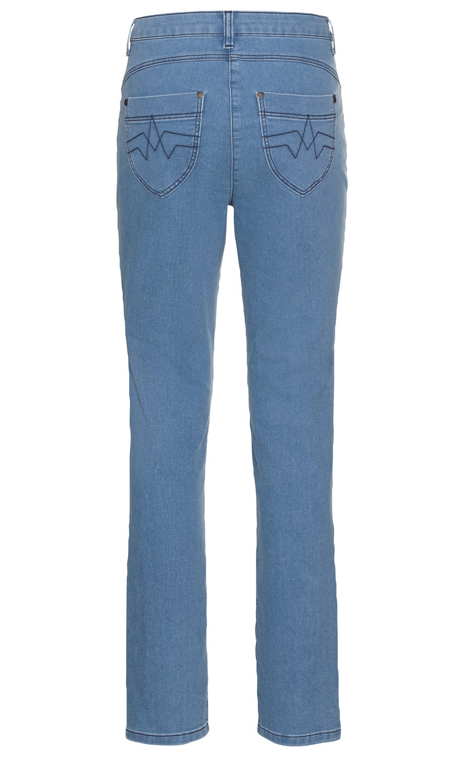 Hellblaue Baumwoll-Mix-Hose, Rückansicht, gerade geschnitten, zwei aufgesetzte Gesäßtaschen mit Zierstich in dunklem Garn, Gürtelschlaufen, mittige Naht hinten, schlichtes Design