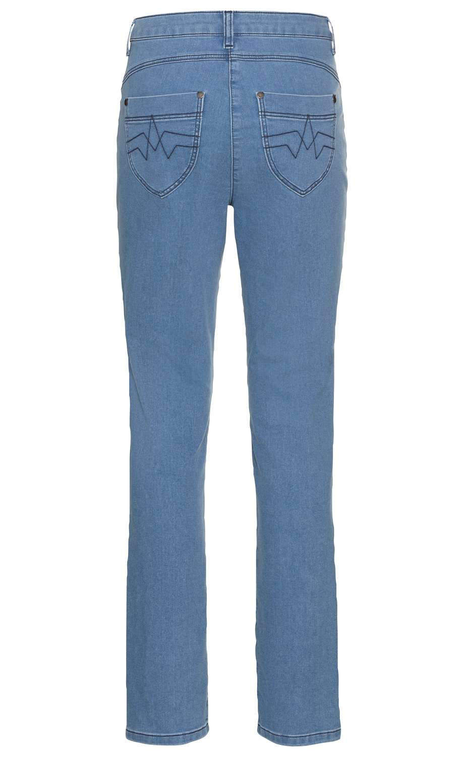Hellblaue Baumwoll-Mix-Hose, Rückansicht, gerade geschnitten, zwei aufgesetzte Gesäßtaschen mit Zierstich in dunklem Garn, Gürtelschlaufen, mittige Naht hinten, schlichtes Design