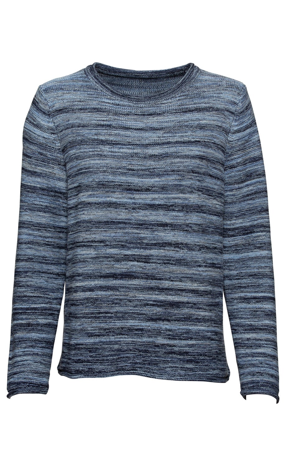 Baumwoll-Pullover mit langem Arm, Rundhalsausschnitt, meliertem Muster in verschiedenen Blautönen, gerade Passform, feine Strickstruktur, lässiger Stil, geeignet für kühle Tage