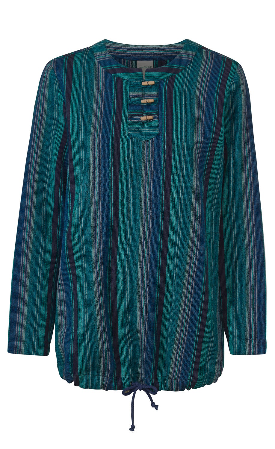 Baumwoll-Bluse mit langen Ärmeln, mehrfarbig gestreift in Blau- und Grüntönen, Rundhalsausschnitt mit drei Holzknöpfen, Zugband am Saum, lockere Passform