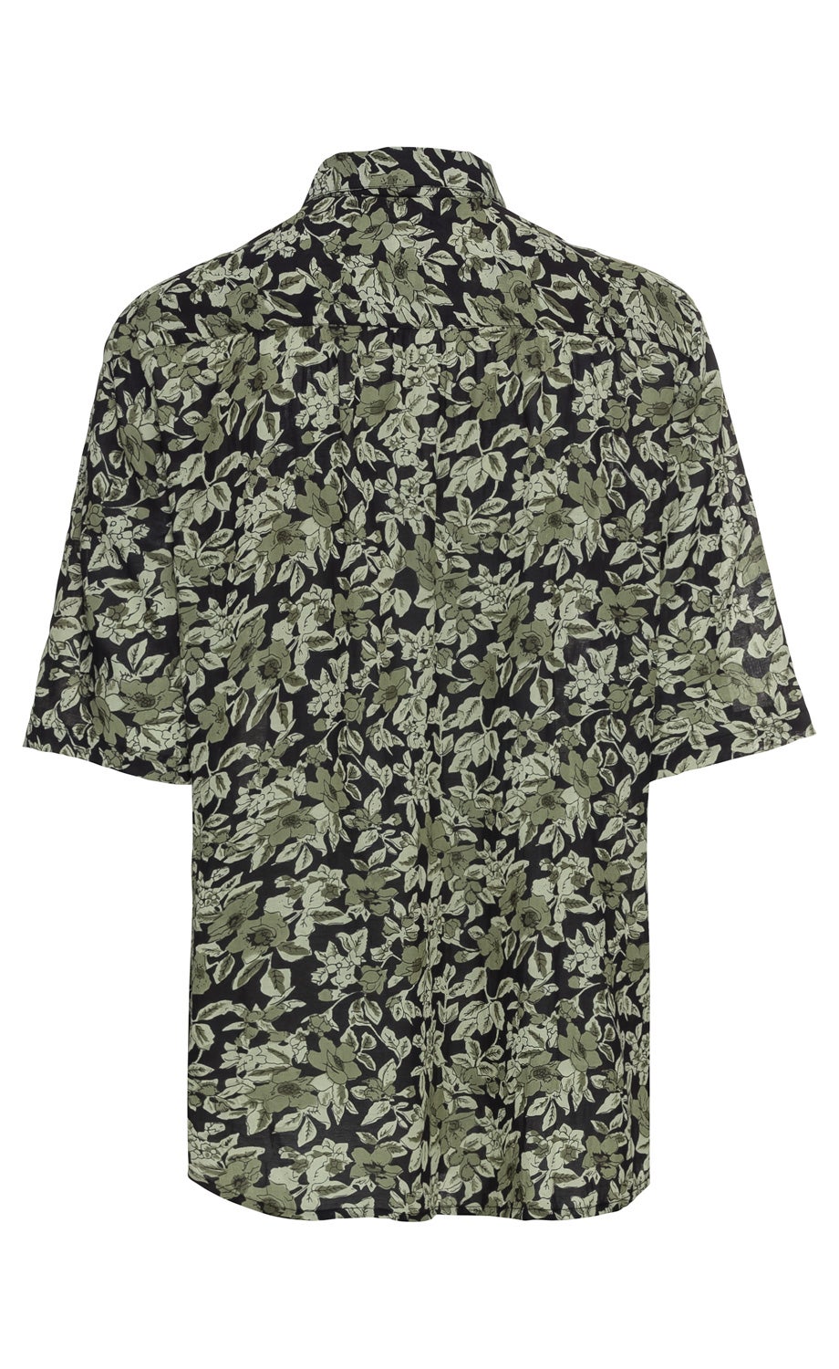 Viskose-Bluse in Schwarz mit grünem floralem Muster, Kurzarm, weiter Schnitt, klassischer Hemdkragen, Rückansicht
