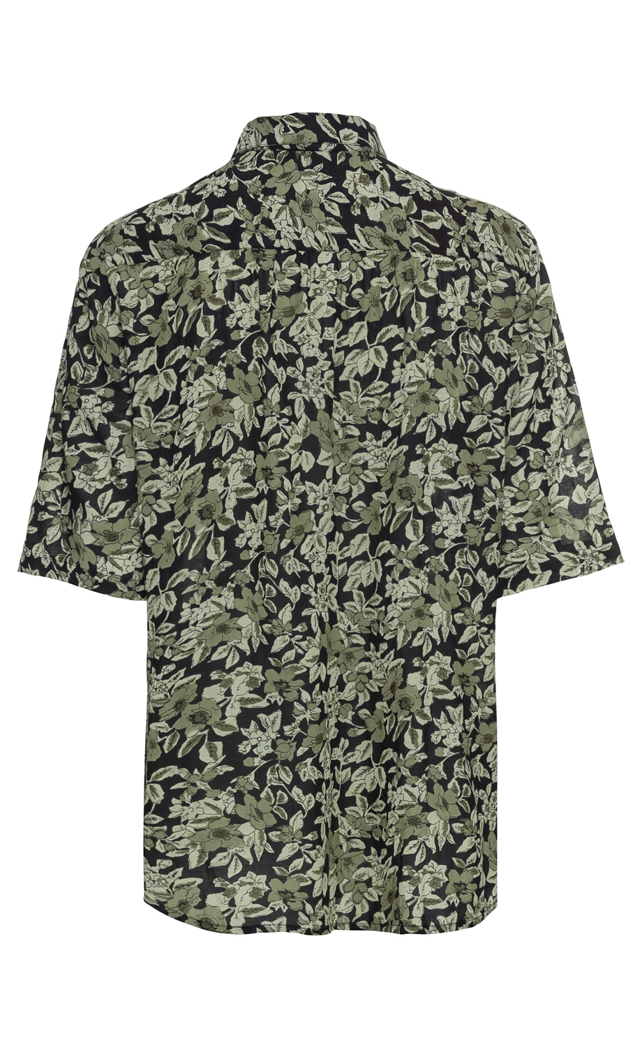 Viskose-Bluse in Schwarz mit grünem floralem Muster, Kurzarm, weiter Schnitt, klassischer Hemdkragen, Rückansicht