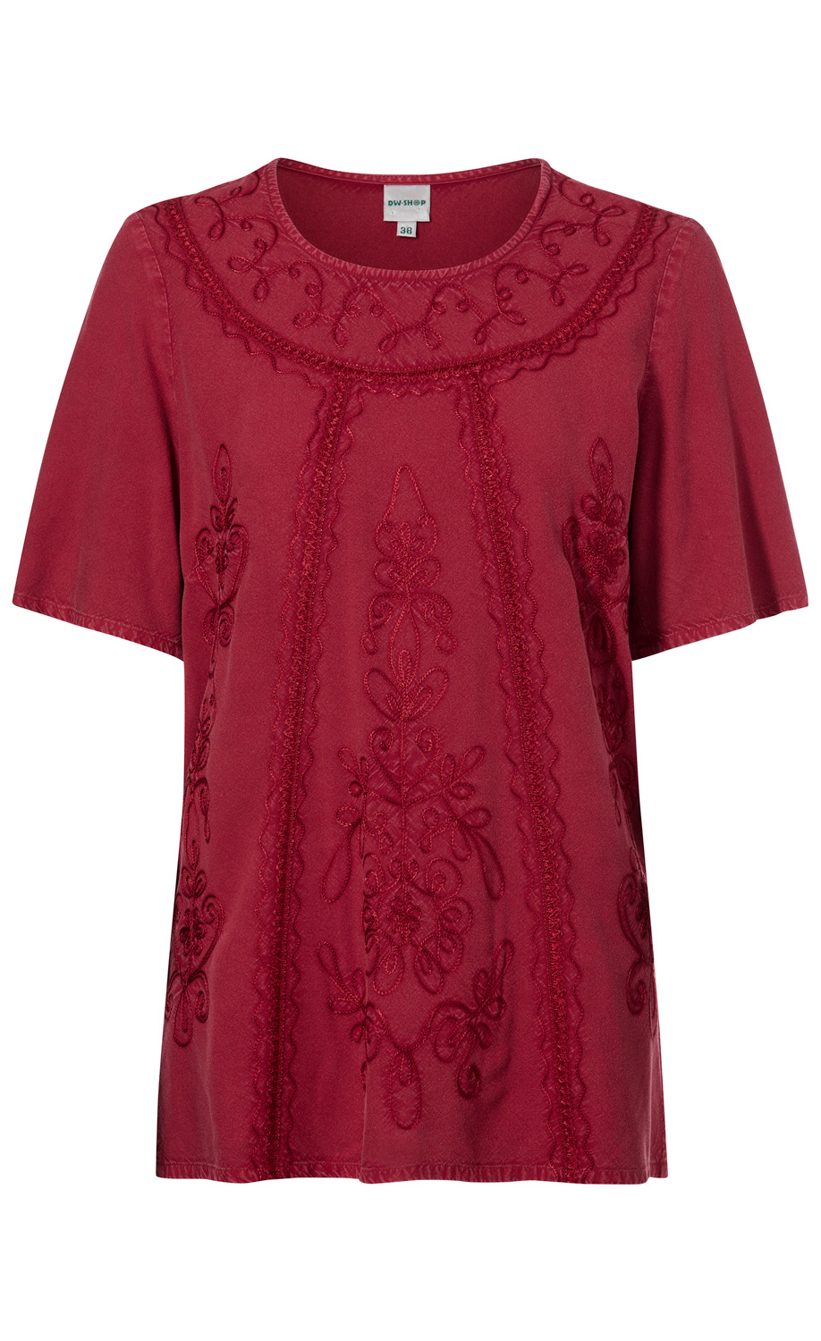 Damen Viskose-Bluse in Bordeauxrot mit Rundhalsausschnitt, kurzen Ärmeln und floraler, toniger Stickerei auf der Vorderseite