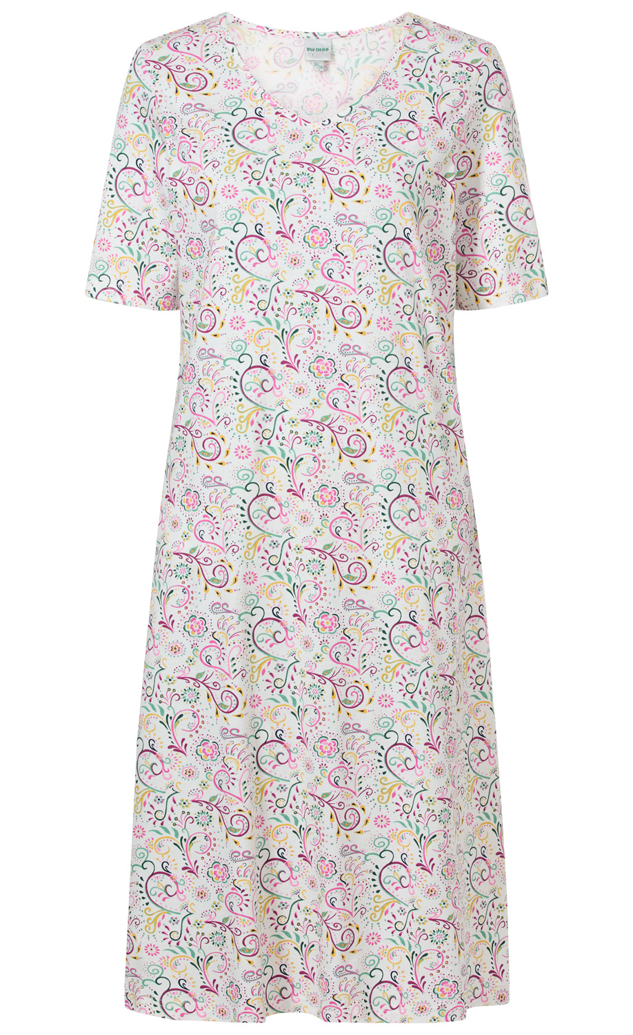 Baumwoll-Nachthemd mit kurzem Ärmel, V-Ausschnitt und lockerem Schnitt, weiß mit verspieltem floralem Muster in Rosa, Grün, Gelb und Schwarz