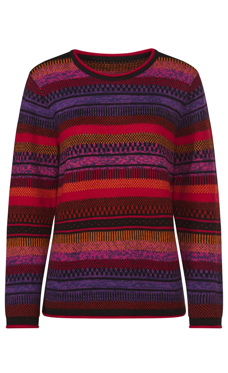 Alpaka-Pullover mit Rundhalsausschnitt, langärmlig, mehrfarbig gestreift in Rot-, Orange-, Lila- und Schwarztönen, feines Strickmuster, gerade geschnitten, weiches, warmes Material