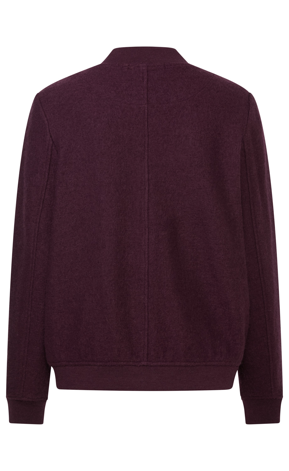 dunkelviolette leichte Jacke aus Wollstoff, Rückansicht, mit geripptem Stehkragen, gerippten Bündchen an Ärmeln und Saum, naht in der Mitte des Rückens, ohne sichtbare Verschlüsse