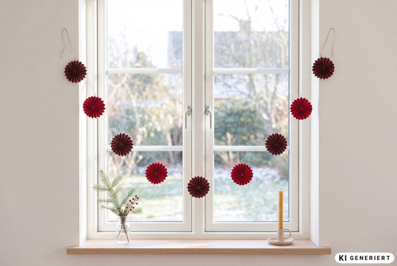 Fensterbrett mit Glasvase, Tannenzweig und roten Beeren, daneben Kerzenhalter mit gelber Kerze, davor weißes Fenster mit aufgehängter Girlande aus roten Papierfächern, sonniger Garten mit Bäumen und Hecke im Hintergrund.