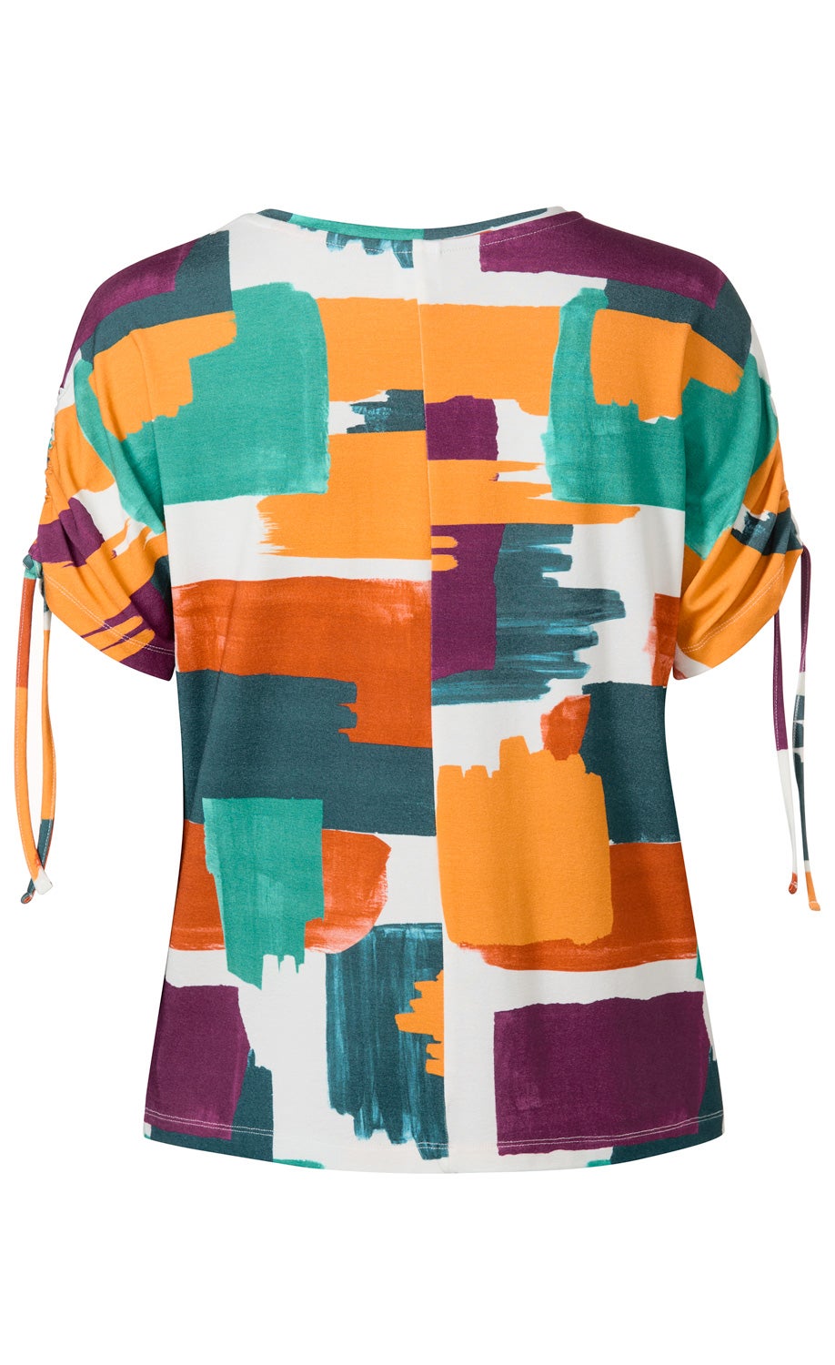 Rückansicht eines kurzärmligen Viskose-Mix-Shirts mit abstraktem, buntem Muster in Orange, Grün, Lila und Dunkelblau, seitlich zusammengezogene Ärmel mit Kordelzügen, runder Ausschnitt, lockere Passform