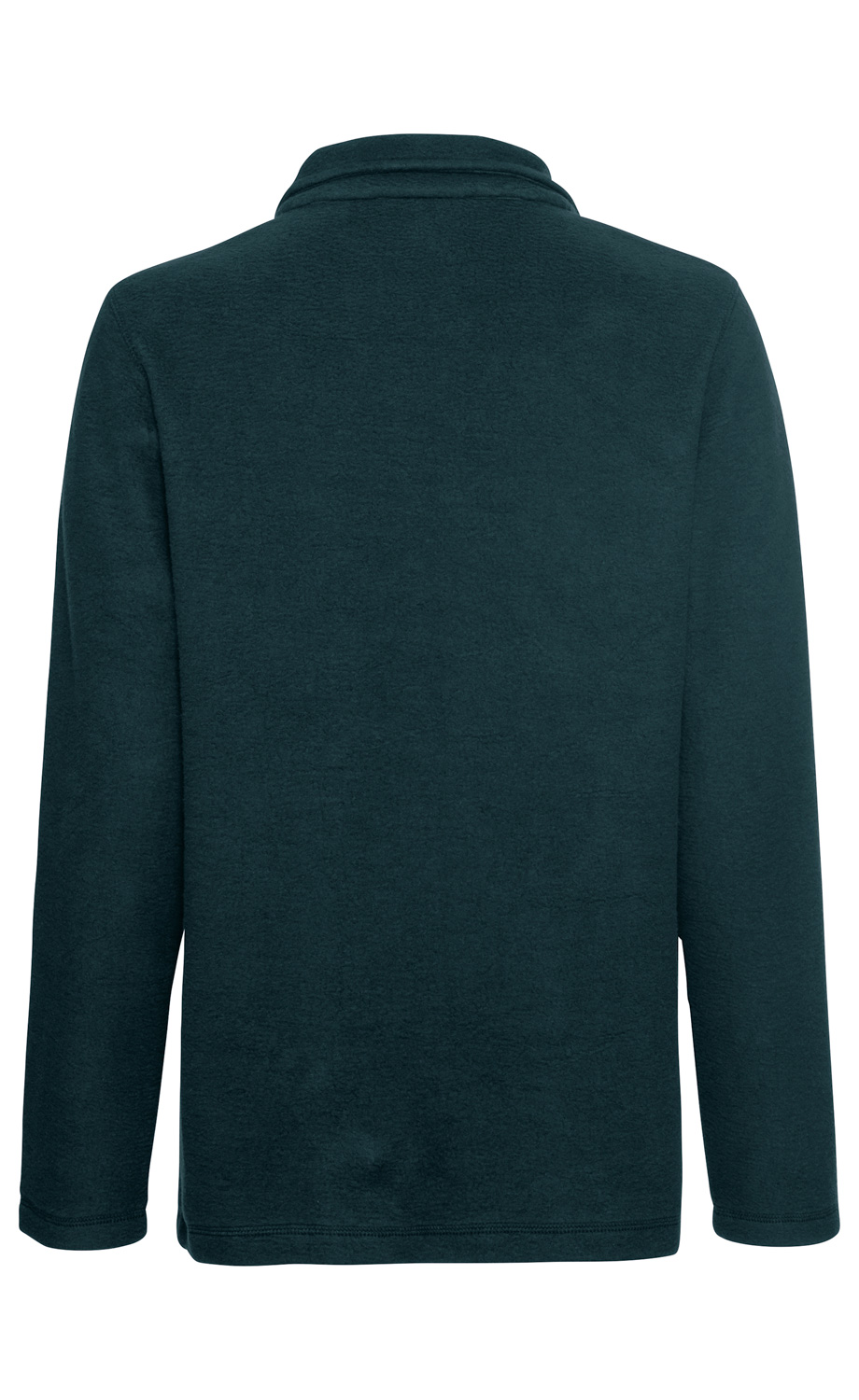dunkelblaue Baumwoll-Fleece-Jacke, Rückansicht, langärmlig, leicht geraute Oberfläche, Stehkragen, gerade Saumkante, keine sichtbaren Verzierungen oder Muster, entspannter Schnitt