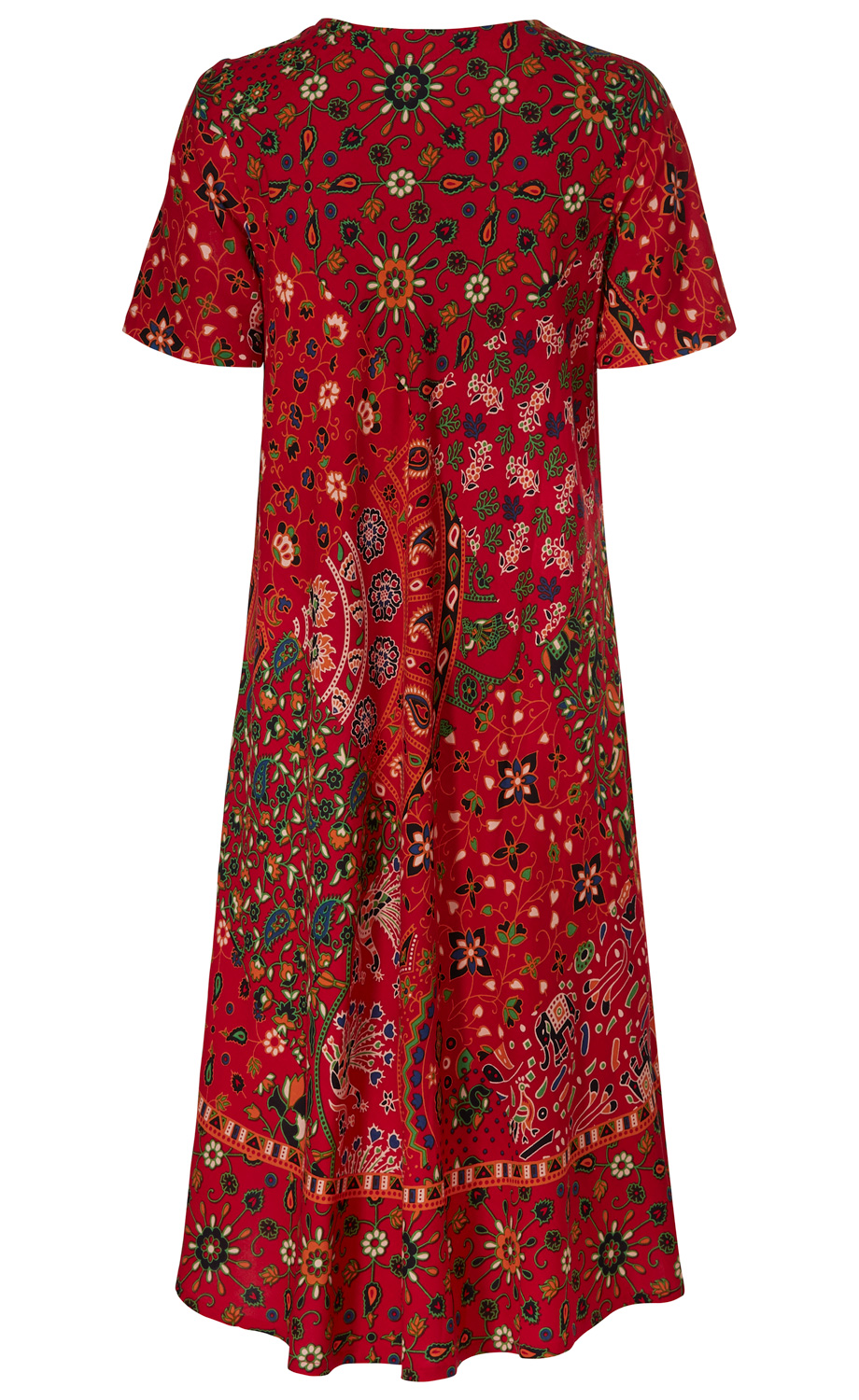 Rotes Viskose-Kleid mit kurzen Ärmeln und kleinem Rundhalsausschnitt, floralem und paisley Muster in Grün, Blau, Weiß und Orange, knielang, locker geschnitten