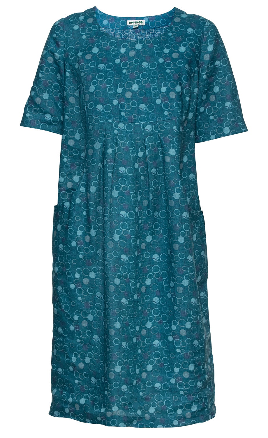Blaues Leinenkleid mit kurzem Ärmel, rundem Halsausschnitt, geraffter Taille, seitlichen Taschen und kleinem Muster aus hellblauen und grauen Kreisen