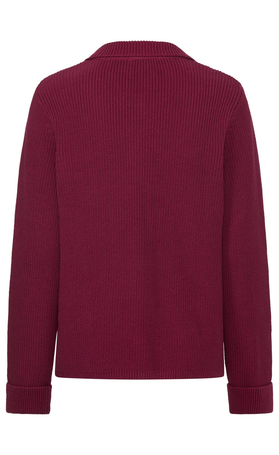 Rückenansicht eines langärmeligen, kastig geschnittenen Strickpullovers in dunkelrot mit aufgerollten Ärmelenden und einem flachen Kragen, gleichmäßige gestrickte Musterung, ohne sichtbare Verzierungen oder Logos.