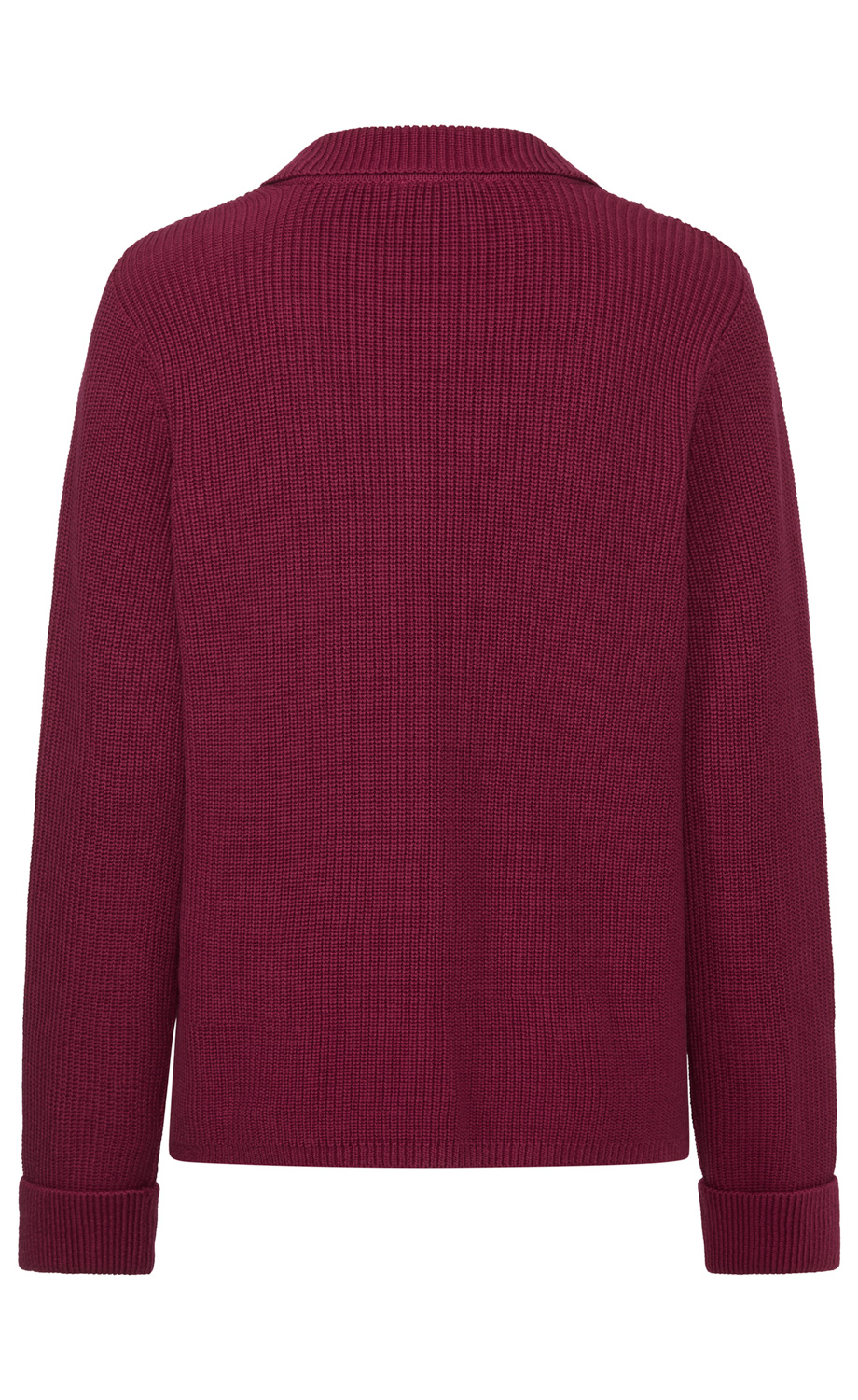Rückenansicht eines langärmeligen, kastig geschnittenen Strickpullovers in dunkelrot mit aufgerollten Ärmelenden und einem flachen Kragen, gleichmäßige gestrickte Musterung, ohne sichtbare Verzierungen oder Logos.