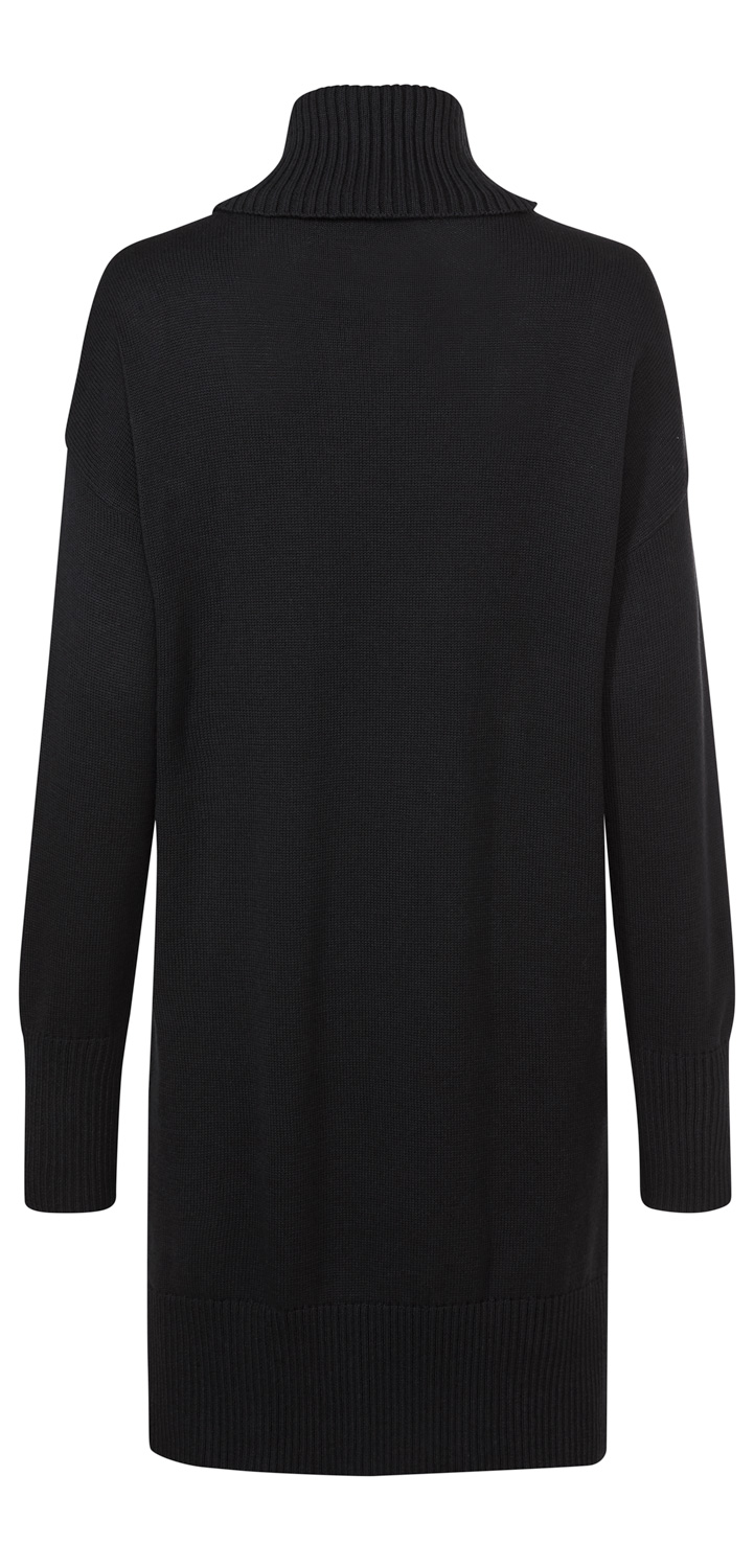 Schwarzes Baumwoll-Mix-Kleid mit langem Arm, geripptem Rollkragen, gerippten Ärmelsäumen und Saum, Rückansicht, lässige Passform, knielang, einfarbig, schlicht gestaltet