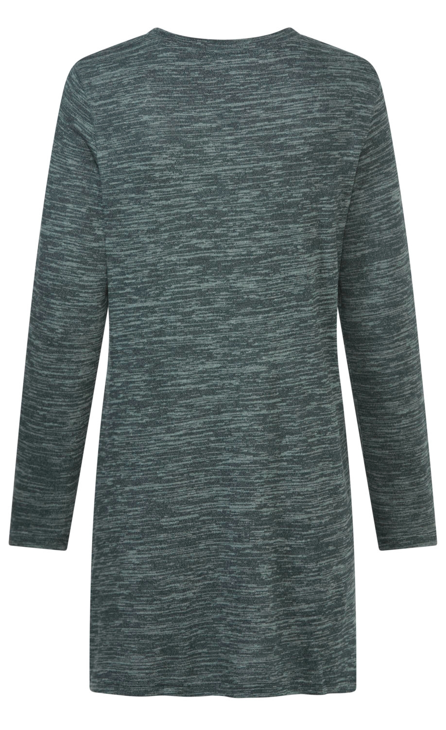 Dunkelgrauer, langärmliger Pullover aus meliertem Strickstoff, locker geschnitten, mit rundem Halsausschnitt, Rückansicht, schlichtes Design ohne Muster oder Verzierungen.