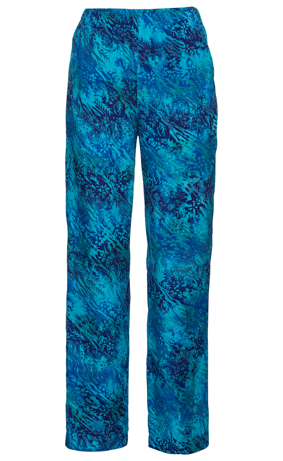 blaue Viskose-Hose mit elastischem Bund, weit geschnitten, mit abstraktem floralem Muster in verschiedenen Blautönen