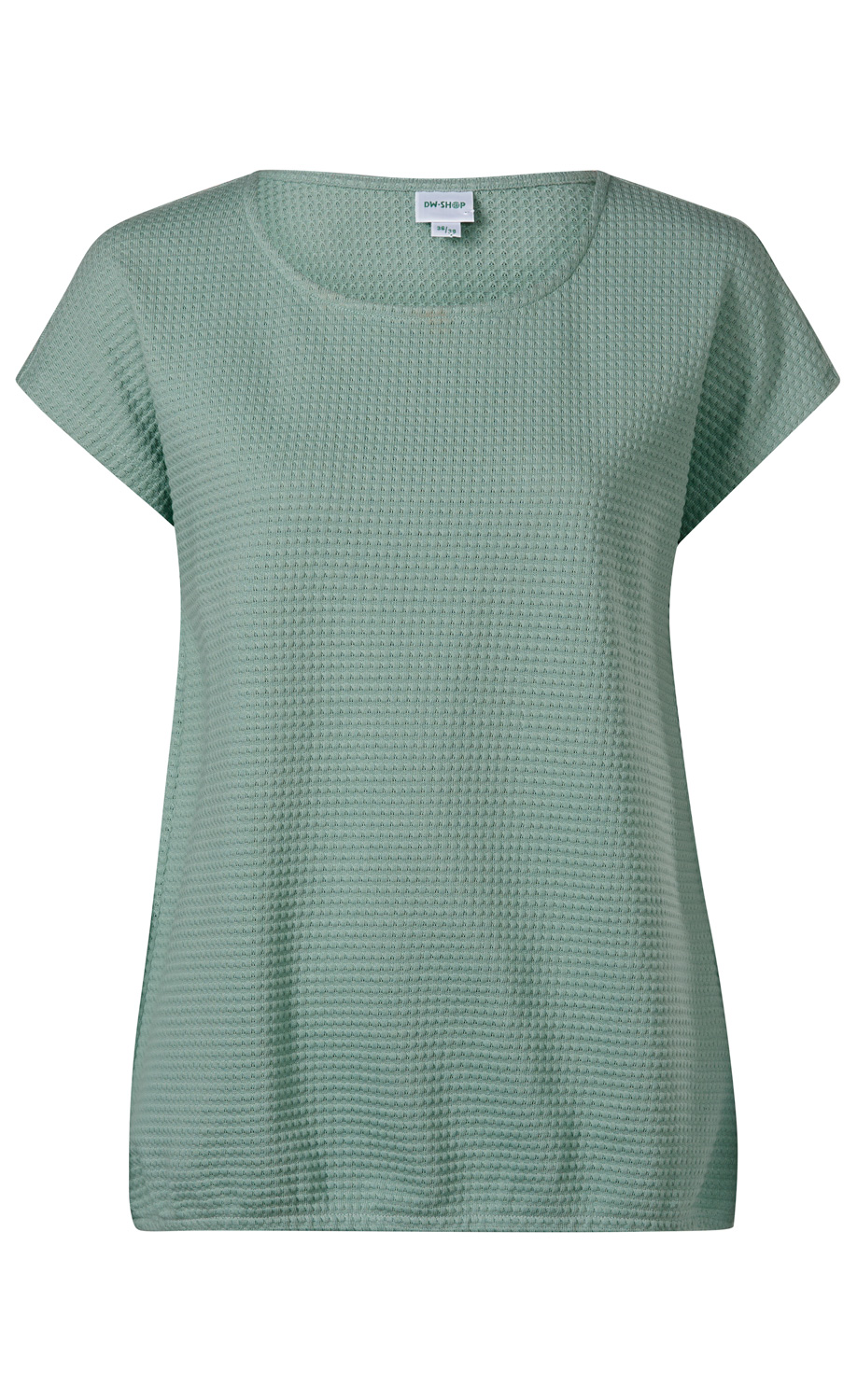 Baumwoll-Shirt in Salbeigrün mit feiner Waffelstruktur, Rundhalsausschnitt, kurzen Ärmeln und lockerem Schnitt, Größe 36/38, Vorderansicht auf weißem Hintergrund