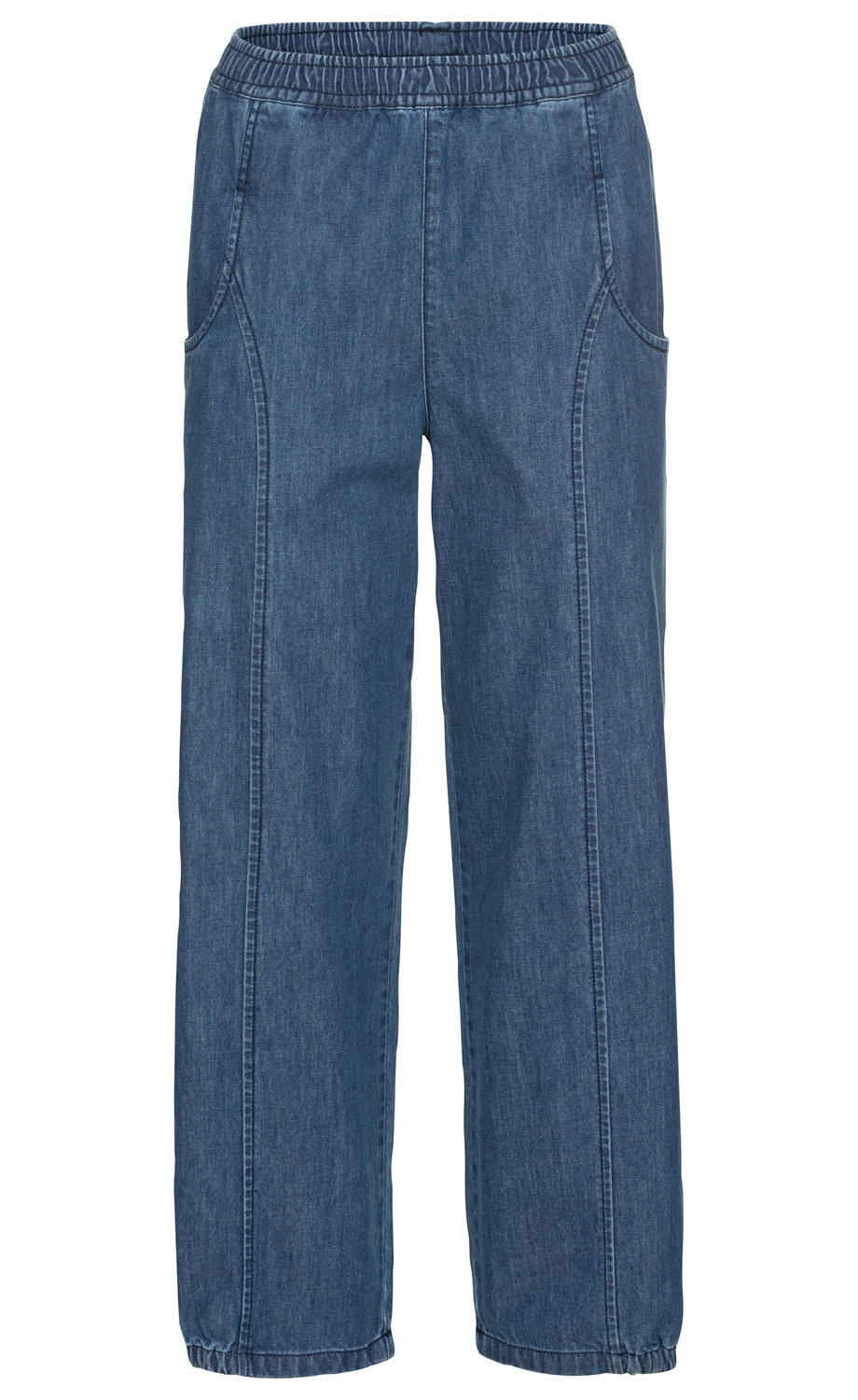Dunkelblaue Baumwoll-Hose mit elastischem Bund, geradem Bein, seitlichen Eingrifftaschen und elastischen Bündchen am Saum.
