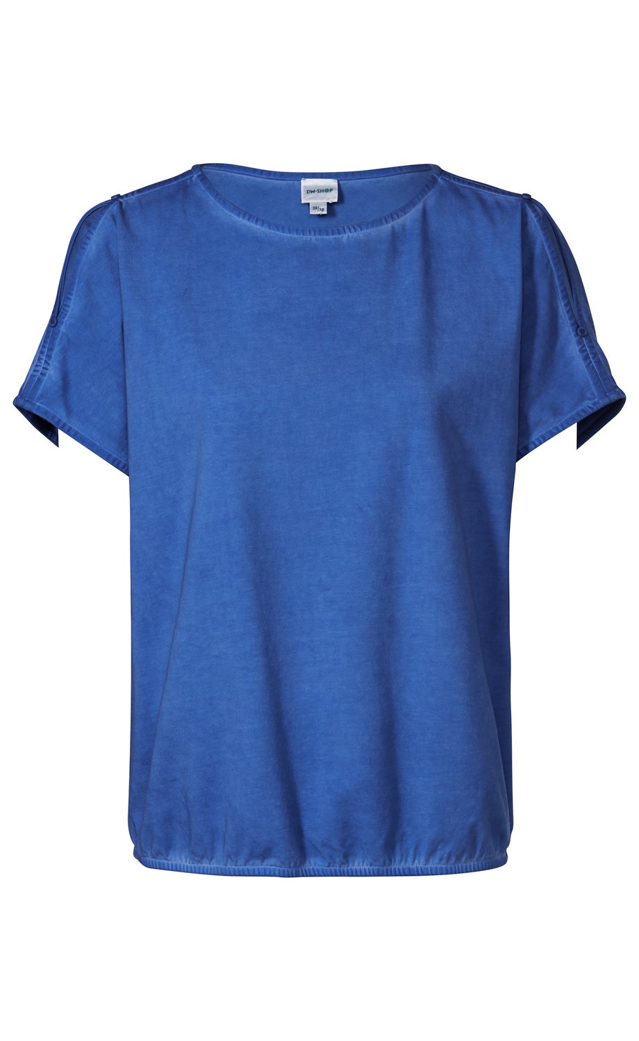 Blaues Baumwoll-Mix-Shirt mit kurzem Ärmel, Rundhalsausschnitt, elastischem Saum und dekorativen Naht- und Knopfdetails an den Ärmeln, schlicht und casual gestaltet.