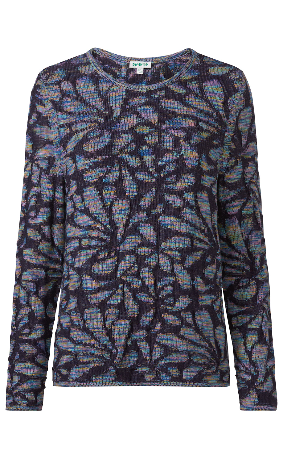 Baumwoll-Pullover mit langem Ärmel, rundem Halsausschnitt und abstraktem Muster in dunklen Blautönen, Violett und Türkis, feine Strickstruktur, gerade Passform