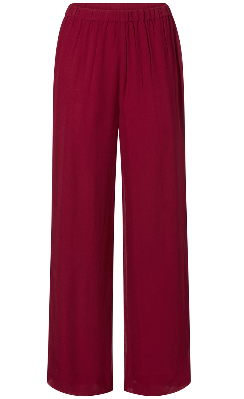 rote Viskose-Hose mit weitem Bein und elastischem Bund, schlichtes Design, leichte und fließende Stoffqualität, ohne Muster oder Taschen, gerade geschnittene lange Hose