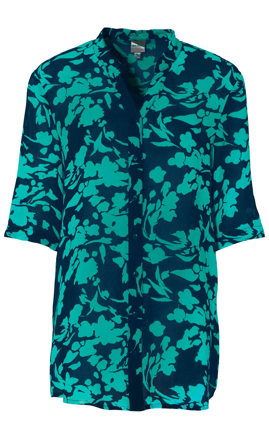 Viskose-Bluse mit dunkelblauem Grund und türkisem floralem Muster, halblange Ärmel, durchgehende Knopfleiste, leichter, fließender Stoff, legerer Schnitt ohne Kragen