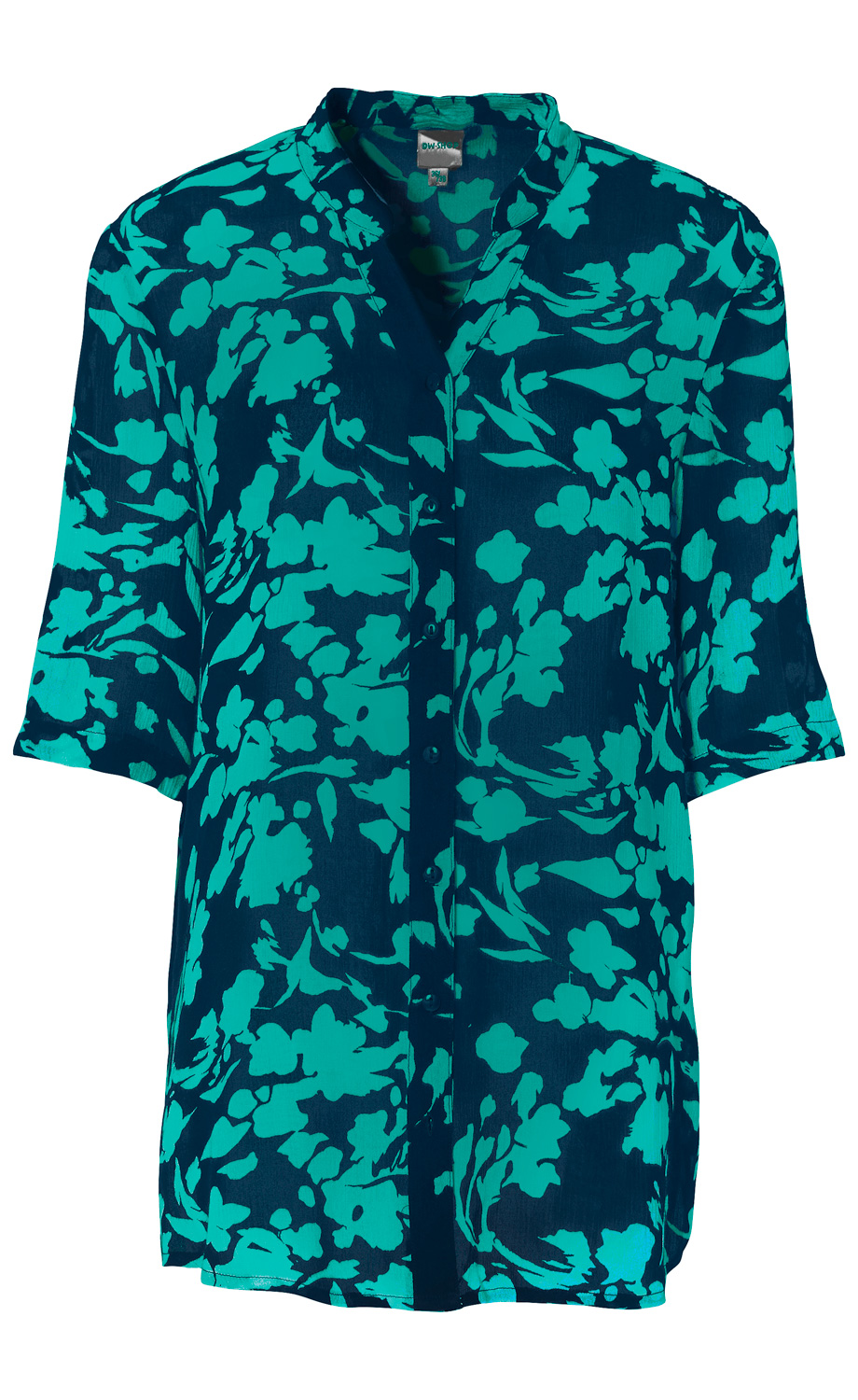 Viskose-Bluse mit dunkelblauem Grund und türkisem floralem Muster, halblange Ärmel, durchgehende Knopfleiste, leichter, fließender Stoff, legerer Schnitt ohne Kragen