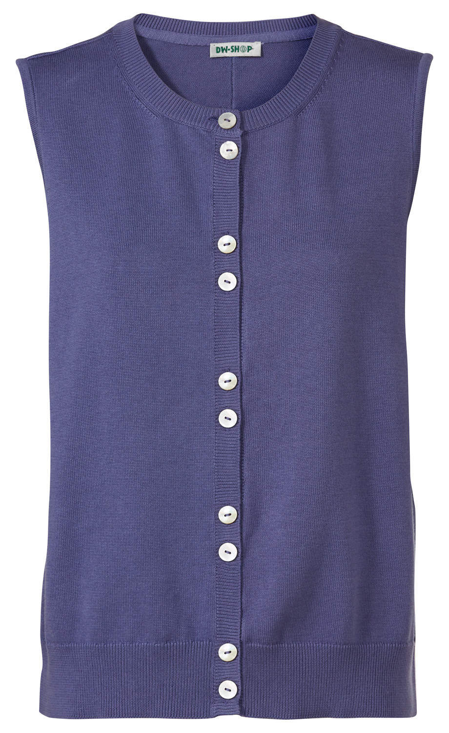 Baumwoll-Strickweste in Blau mit rundem Ausschnitt, ohne Ärmel, durchgehender Knopfleiste mit weißen Knöpfen, gerippten Abschlüssen am Saum und Kragen, schlichtes Design.