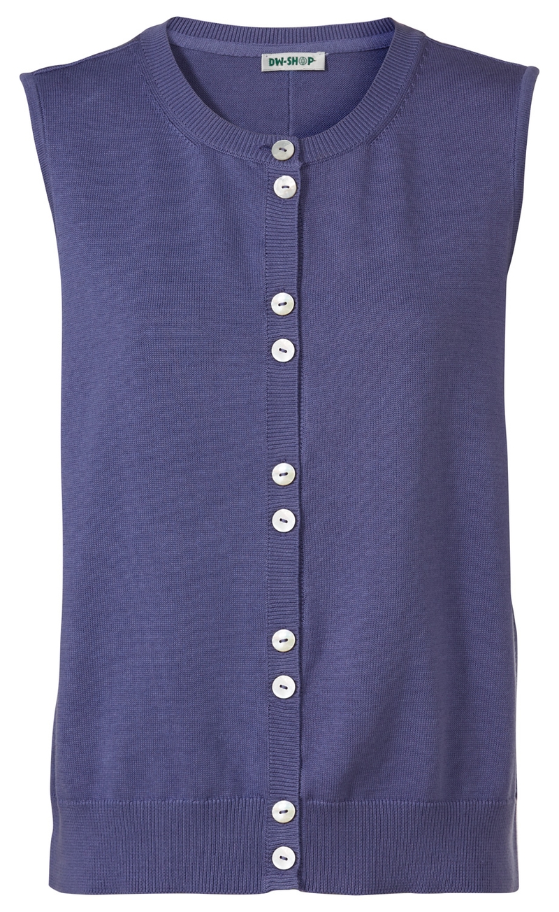 Baumwoll-Strickweste in Blau mit rundem Ausschnitt, ohne Ärmel, durchgehender Knopfleiste mit weißen Knöpfen, gerippten Abschlüssen am Saum und Kragen, schlichtes Design.